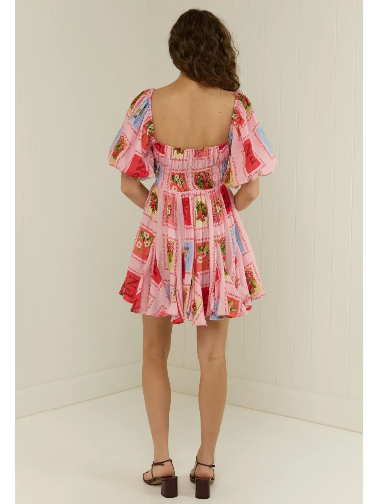 Palm Noosa Flora Dress Strawberry Stamp Linen Puff Sleeve Pink Mini Au 10 Us 6 — image 3 of 8